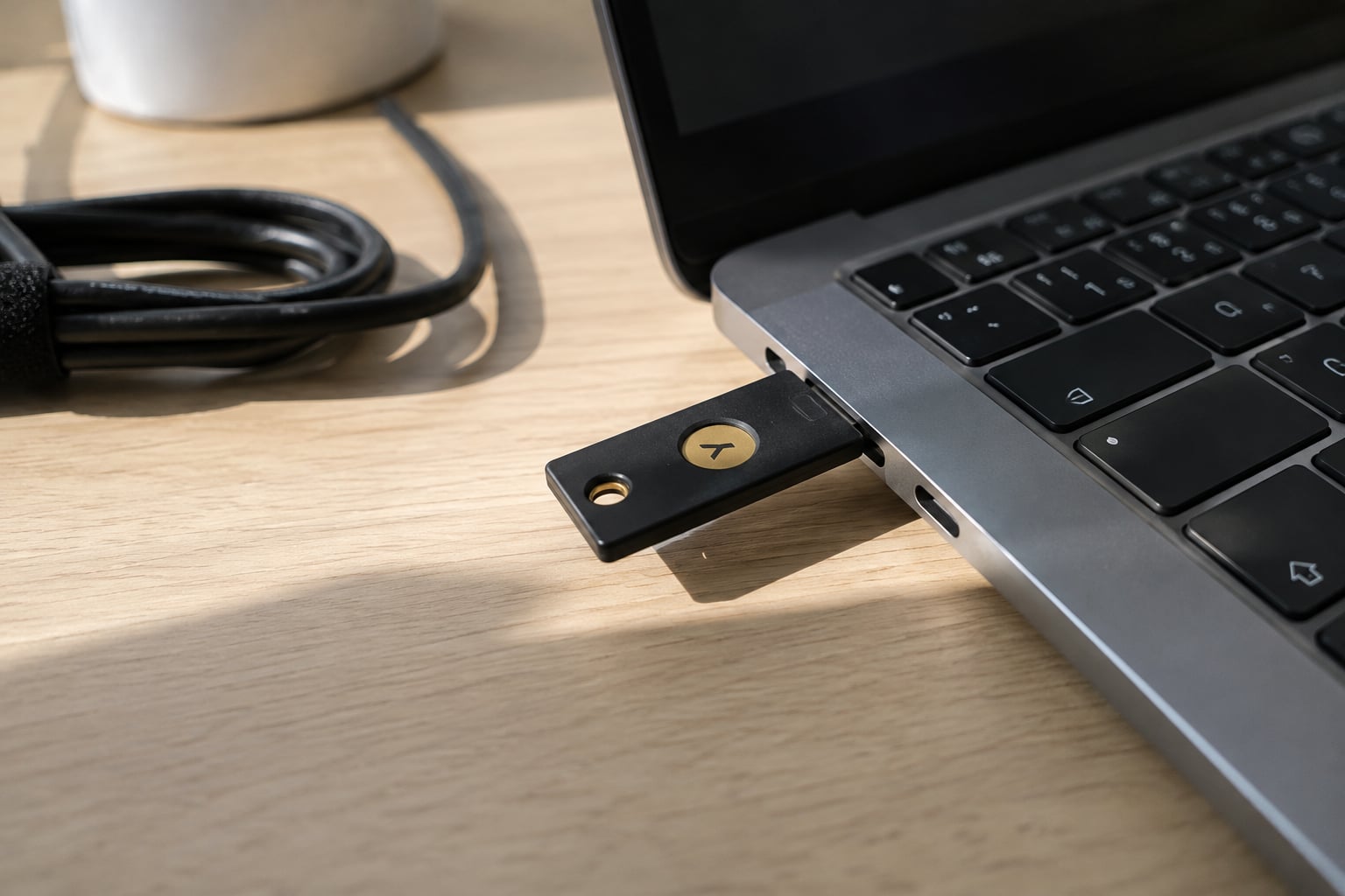 Chave de segurança conectada a um notebook sobre uma mesa sem outros elementos de destaque.