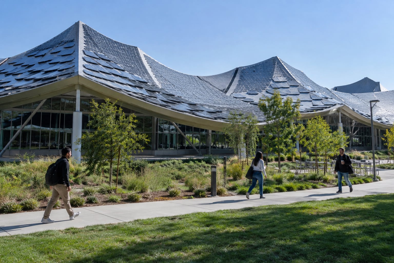 Vista externa do campus Bay View do Google em Mountain View sob coberturas com painéis solares.