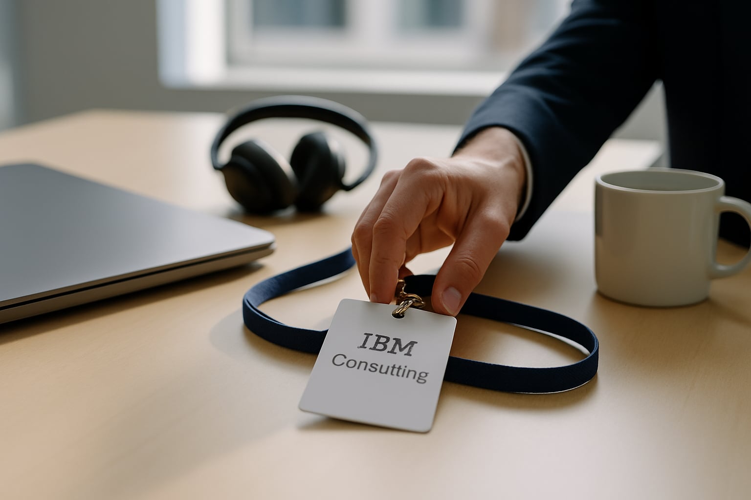 Crachá da IBM sobre mesa de reunião clara ao lado de headset e xícara.