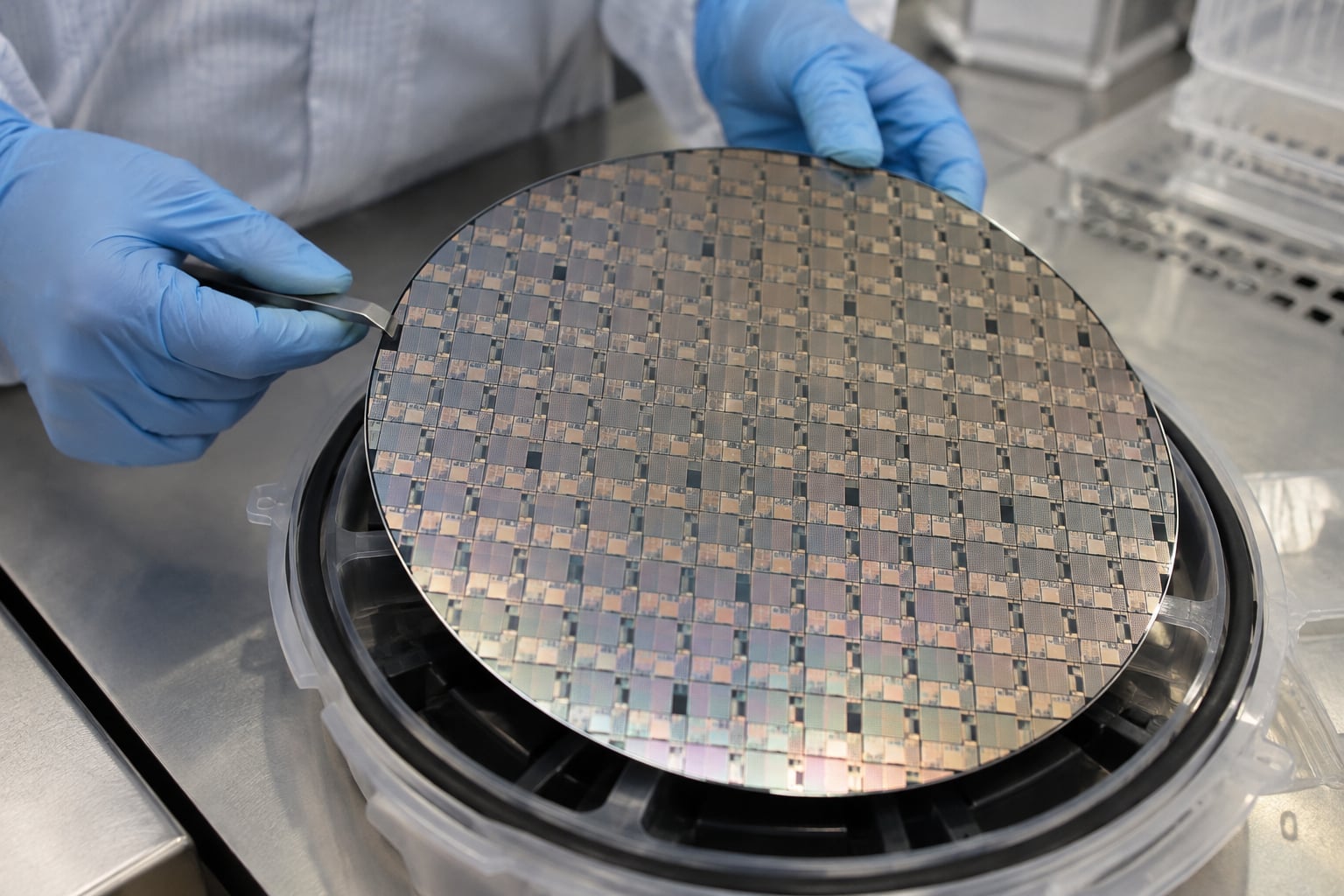 Técnico com luvas segura um wafer de qubits de spin de silício sobre bancada clara.