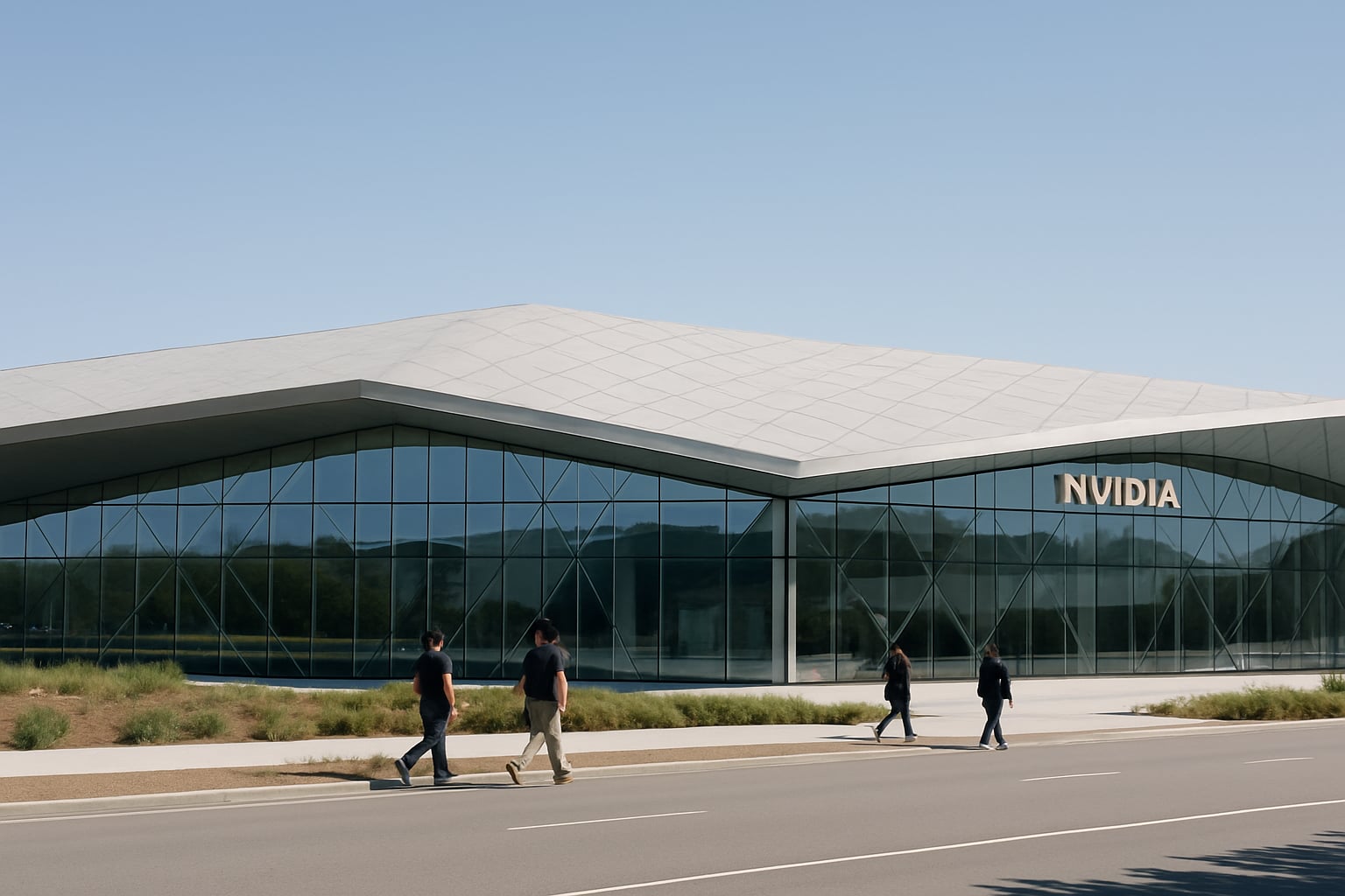 Vista diurna do prédio Voyager da Nvidia em Santa Clara, com fachada de vidro e teto facetado.