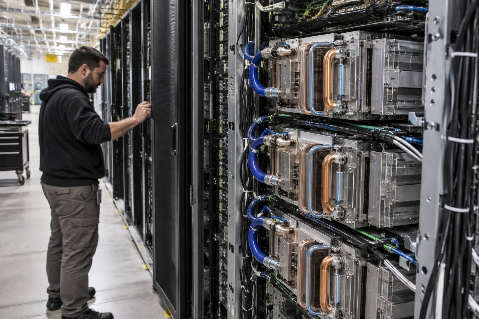 Módulos Google TPU instalados em um rack aberto de datacenter bem iluminado.