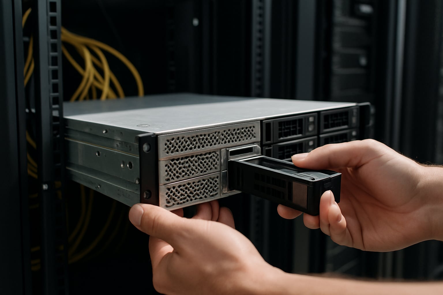 Close de um servidor em rack puxado do armário técnico, com cabos e baia de disco visíveis.