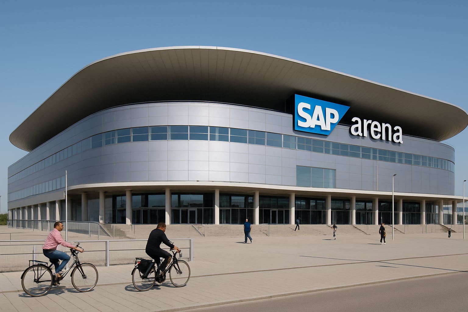 Fachada da SAP Arena em Mannheim vista de dia, com praça aberta e poucos pedestres.