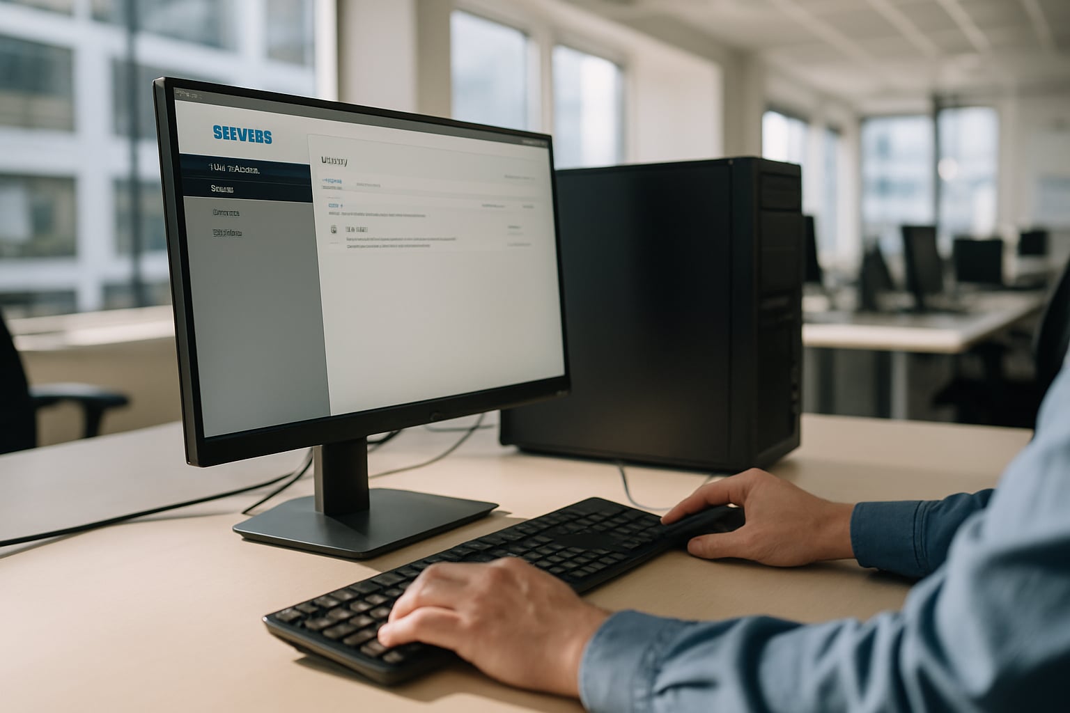 Estação de trabalho em escritório claro com o Siemens Software Center aberto fora de foco.