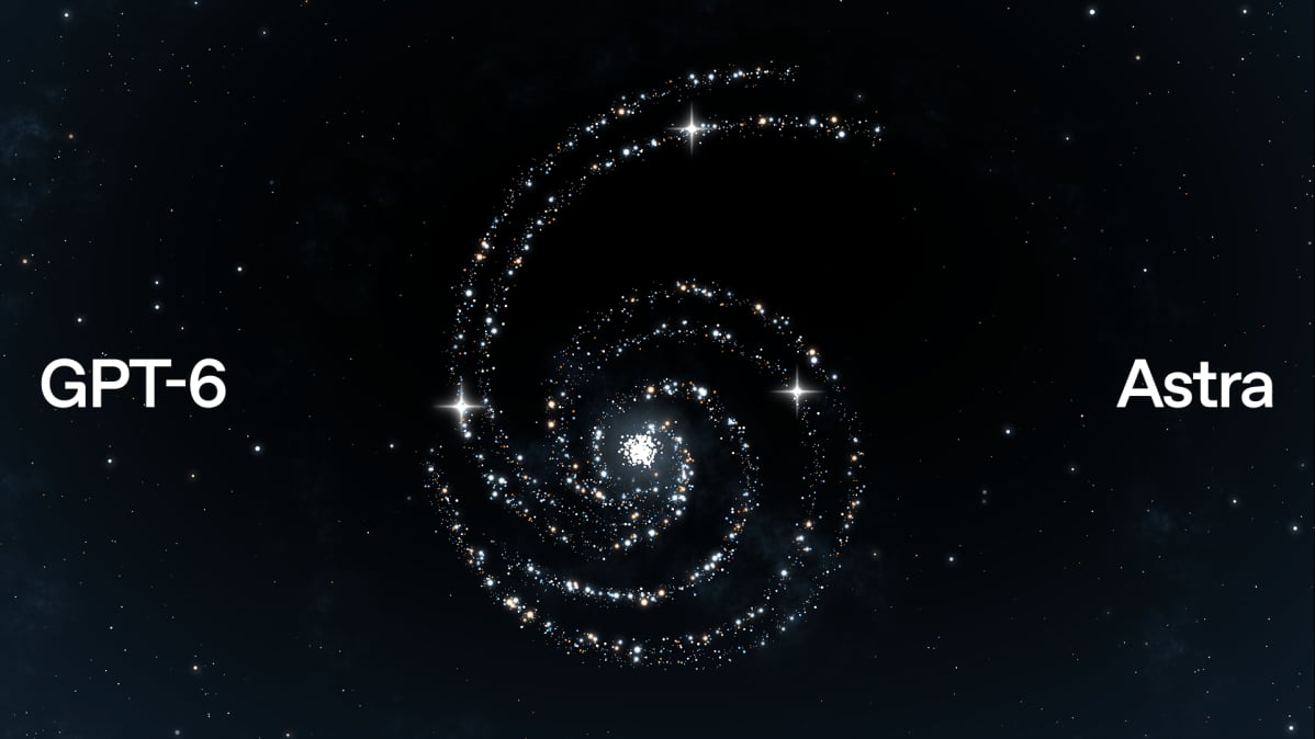 Arte de lançamento do GPT-6 Astra: galáxia em espiral no formato do número 6 sobre o céu estrelado.